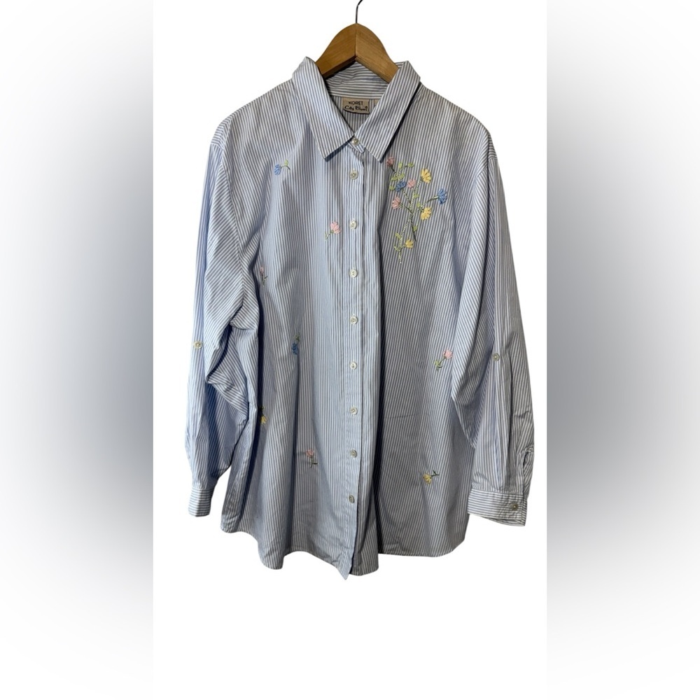 Vintage Kornet Blue & White Striped Cotton Embroidered Flowers Button Down Shirt
